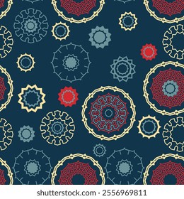 Seamless pattern with chaotically located multi-colored decorative elements on a dark blue background. Vector illustration