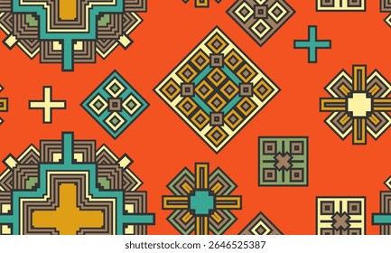 Seamless pattern with chaotically located multi-colored decorative elements on an orange background. Vector illustration
