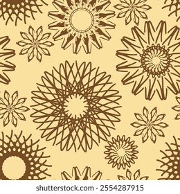 Seamless pattern with chaotically located stylized brown flowers on a beige background. Vector illustration