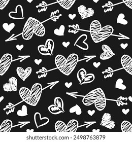 Seamless pattern with chaotically located white various hearts on a black background. Doodles and squiggles. Vector illustration