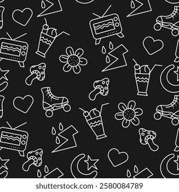 Seamless pattern with chaotically located white cute doodles on a black background. Vector illustration