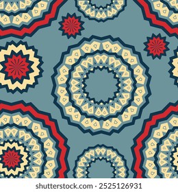 Seamless pattern with chaotically placed round decorative elements on a blue background. Vector illustration