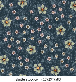 Seamless pattern. Chaotically scattered flowers on a motley background. Fashionable texture, for women's clothing, wallpaper and design.