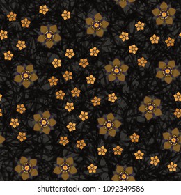 Seamless pattern. Chaotically scattered flowers on a motley background. Fashionable texture, for women's clothing, wallpaper and design.