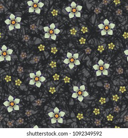 Seamless pattern. Chaotically scattered flowers on a motley background. Fashionable texture, for women's clothing, wallpaper and design.