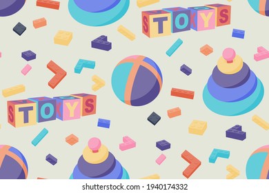 Seamless pattern of chaotically scattered multi-colored children's toys. Vector 3D illustration in flat style.