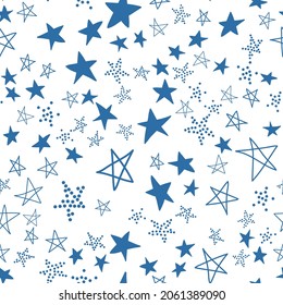 Seamless pattern, chaotically scattered stars, blue white design vector illustration with star element