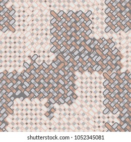 Seamless pattern of chaotically scattered wicker square mats.
Multicolored. Camouflage.