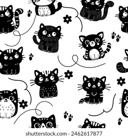 Seamless pattern character cartoon doodle black and white silhouette cat