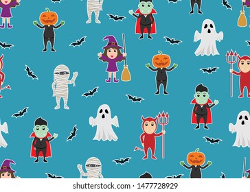 Seamless pattern of character cartoon Halloween monster costume on blue background - Vector illustration