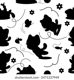 Seamless pattern character cartoon silhouette cat