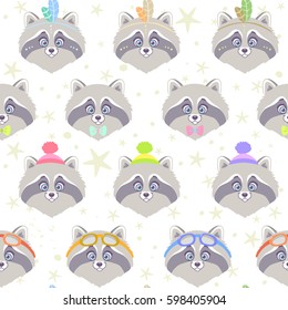 Seamless pattern with character cute and funny raccoon in cartoon style. Vector illustration. Cool stylish wallpaper