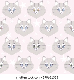Seamless pattern with character cute and funny cat. Cool stylish wallpaper. Vector illustration