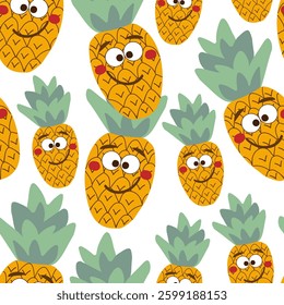 Seamless pattern character funny pineapple with eyes on white background - vector illustration for design packaging, fabric, wallpaper