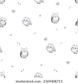Seamless pattern with character of owls, white and gray colour, modern design cute background. Vector illustration.