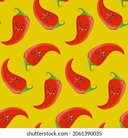 Seamless pattern, character smiling red chili pepper jalapeno, vector illustration for textiles, wallpaper and wrapping paper