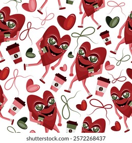 seamless pattern with a character for Valentine's Day namely a red heart with green eyes holding a cup of coffee at hand, with bows, colorful hearts placed randomly