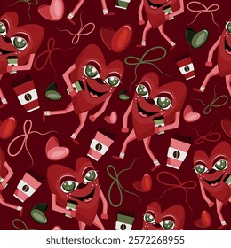 seamless pattern with a character for Valentine's Day namely a red heart with green eyes holding a cup of coffee at hand, with bows, colorful hearts placed randomly on a red background