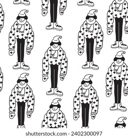 seamless pattern with character in winter clothes in doodle style in vector. People at winter.Template for background, wallpaper, wrapping, textile, fabric, print