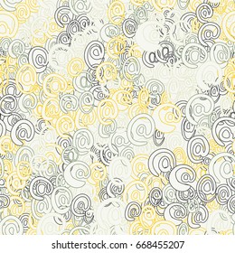 Seamless pattern. The characters black, gray, yellow and hale gray "at" scattered all over on a hale beige background.