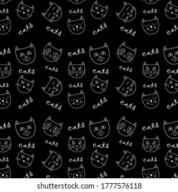 Seamless pattern of characters of cat faces with different emotions on a black background doodle collection