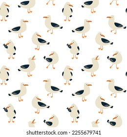 Seamless pattern with characters of cute seagulls on a white background. Cartoon hand drawn vector illustration.