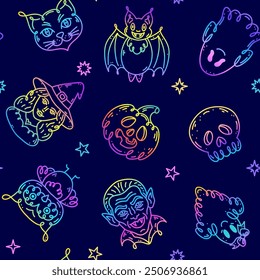 Seamless pattern with characters in doodle style on the theme of the Halloween holiday. Gradient colors.