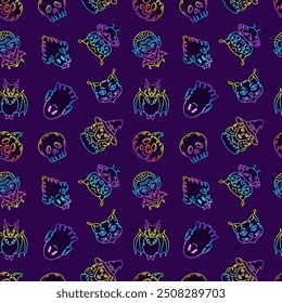 Seamless pattern with characters in doodle style on the theme of the Halloween holiday. Gradient colors.