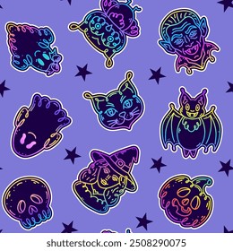 Padrão contínuo com personagens em estilo doodle sobre o tema do feriado de Halloween. Cores de gradiente.