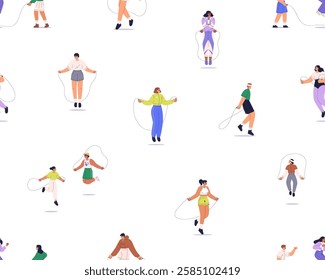 Seamless pattern, characters exercising, jumping with skipping rope. Active healthy people, cardio sports workout, endless background for fabric, textile, wrapping design. Flat vector illustration