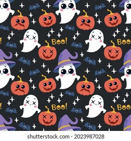 Seamless pattern with characters of the holiday Halloween. Pumpkin, ghost and bats in cute cartoon childish style. Baby print for Halloween, kind funny monsters. Vector illustration, print design