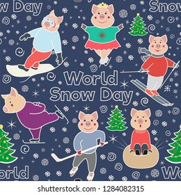 Seamless pattern with characters involved in winter sports. World Snow Day. Pigs skier, skater, snowboarder, skater .. Color illustration in doodle style. Vector.