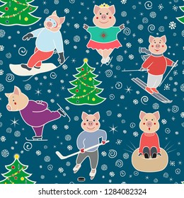 Seamless pattern with characters involved in winter sports. Pigs skier, skater, snowboarder, skater .. Color illustration in doodle style. Vector.