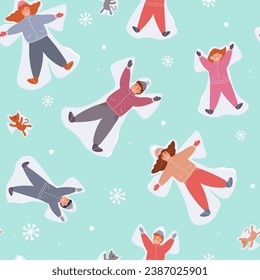 Seamless pattern with characters, people making a snow angel. Winter print with a cheerful family in warm clothes. Vector flat graphics.