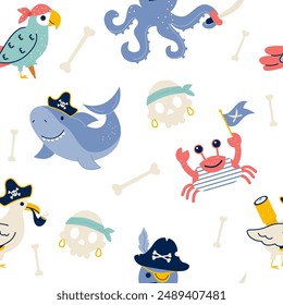 Seamless pattern characters pirate octopus parrot shark crab skull
