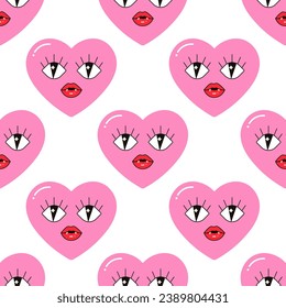 Seamless pattern, characters, weird hearts, love and valentine's day
