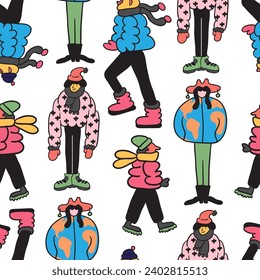seamless pattern with characters in winter clothes in doodle style in vector. People at winter.Template for background, wallpaper, wrapping, textile, fabric, print