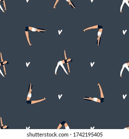 Seamless pattern with characters in yoga asanas. Vector illustration for print, advertisement banners