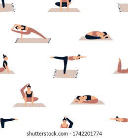 Seamless pattern with characters in yoga asanas. Vector illustration for print, advertisement banners