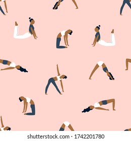 Seamless pattern with characters in yoga asanas. Vector illustration for print, advertisement banners