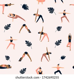 Seamless pattern with characters in yoga asanas. Vector illustration for print, advertisement banners
