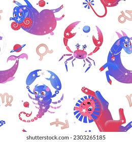 Seamless pattern with characters of zodiac circle on white background. Vector illustration EPS 10.