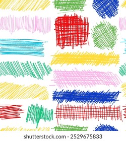 Seamless pattern charcoal colored pencil scribbles, bold strokes. Hand drawn lines, circles, vector thick shapes. Templates scribble pattern strokes, sketch texture. Marker, crayon and chalk drawing.