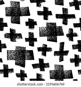 Nahtloses Muster mit Kohlekreuzen unterschiedlicher Größe. Kohleskizze der geometrischen und mathematischen Zeichen. Moderne, stilvolle Textur mit grafischen geometrischen Zeichen. Schwarz-Weiß-Muster mit Pluszeichen