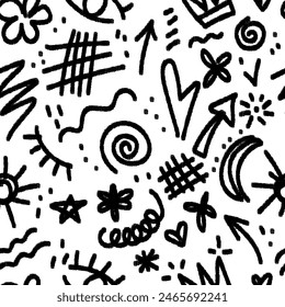 Seamless pattern with charcoal doodle shapes. Childish or funny sketches. Modern print for textile, fabric, wallpaper, wrapping, scrapbook and packaging