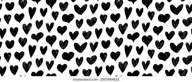Seamless pattern with charcoal drawn cute hearts. Crayon doodle hearts wallpaper. Punk or grunge style seamless banner design. Love motif pencil drawings. Vector retro pattern for Valentine's day.