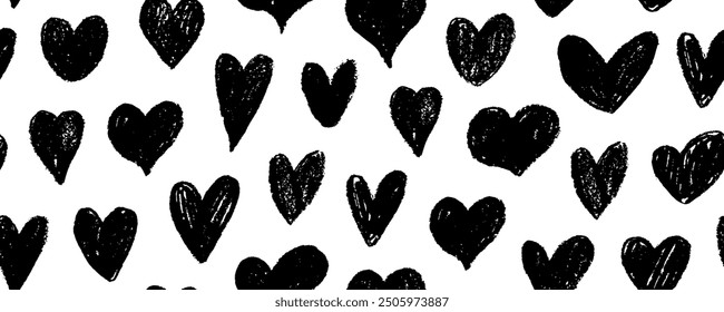 Seamless pattern with charcoal drawn cute hearts. Crayon doodle hearts wallpaper. Punk or grunge style seamless banner design. Love motif pencil drawings. Vector retro pattern for Valentine's day.