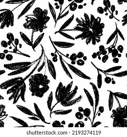 Seamless pattern with charcoal flowers and berry branches. Hand drawn black and white pattern of abstract flowers. Floral wrapping paper, textile vector fill. Chamomile, peony, chrysanthemums blooming