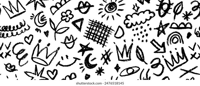 Seamless pattern  with charcoal graffiti doodle punk and girly shapes  Hand drawn abstract scribbles and squiggles, creative various shapes, pencil drawn icons. Scribbles, scrawls, stars, crown