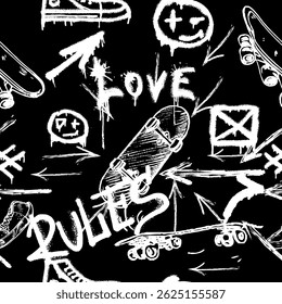 Seamless pattern with charcoal graffiti, doodles, punk and skateboards and text. Pencil drawn icons